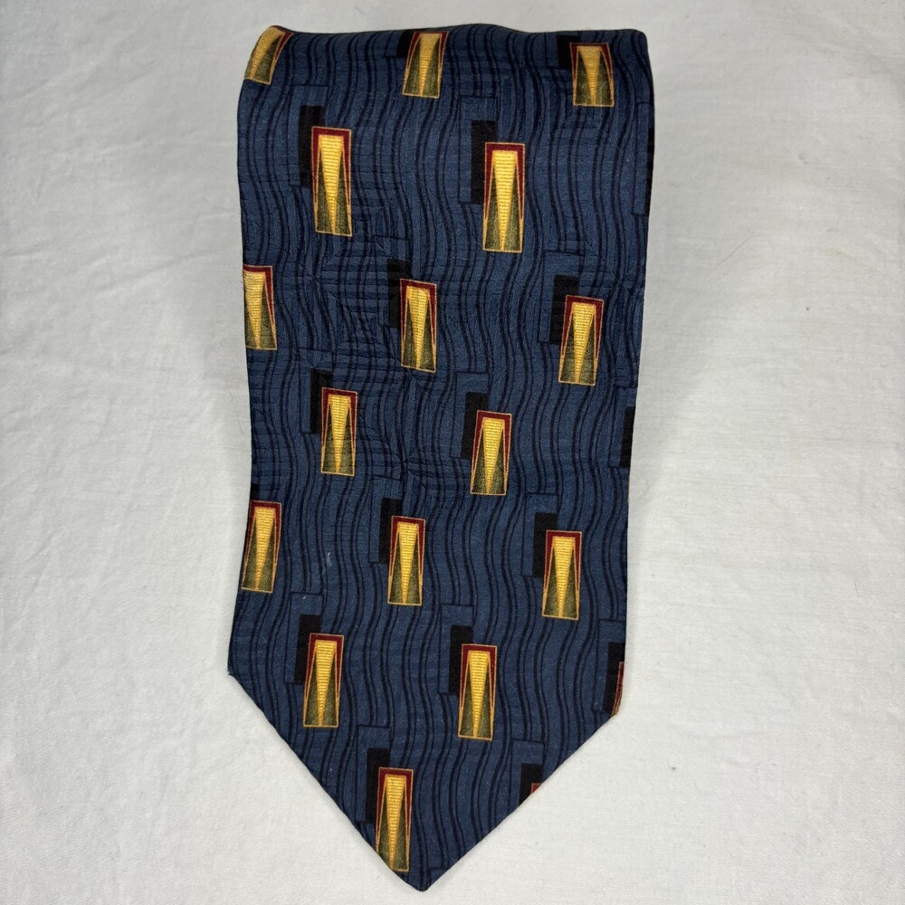 BILL BLASS Black Label 100% Silk Mens Necktie Blue Gold Geometric Classic
